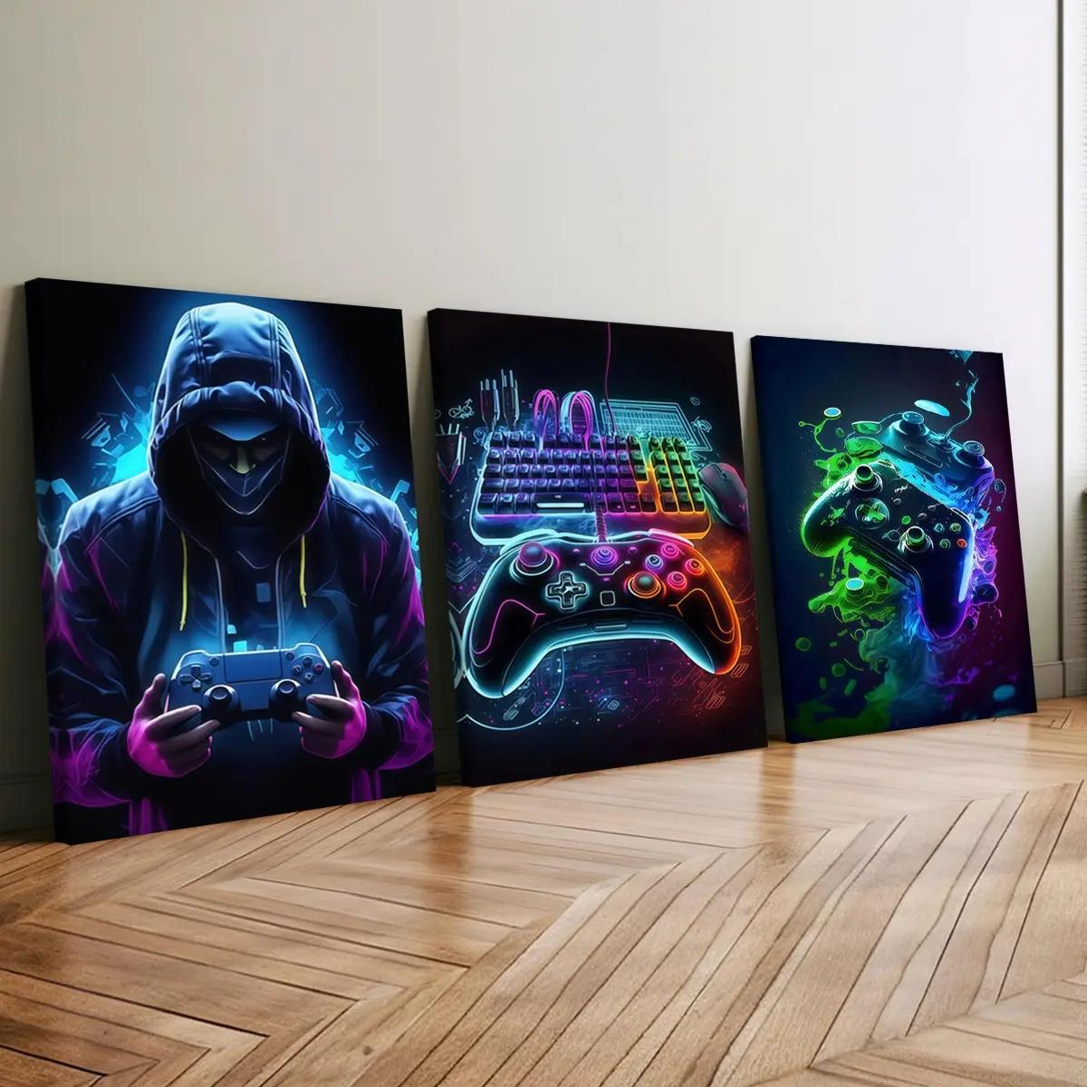3-Pack Wood Frame Canvas Art, Neon Game Controller Wall Decor, Modern Home Decoration, Waterproof Odorless, Living Room Bedroom Office