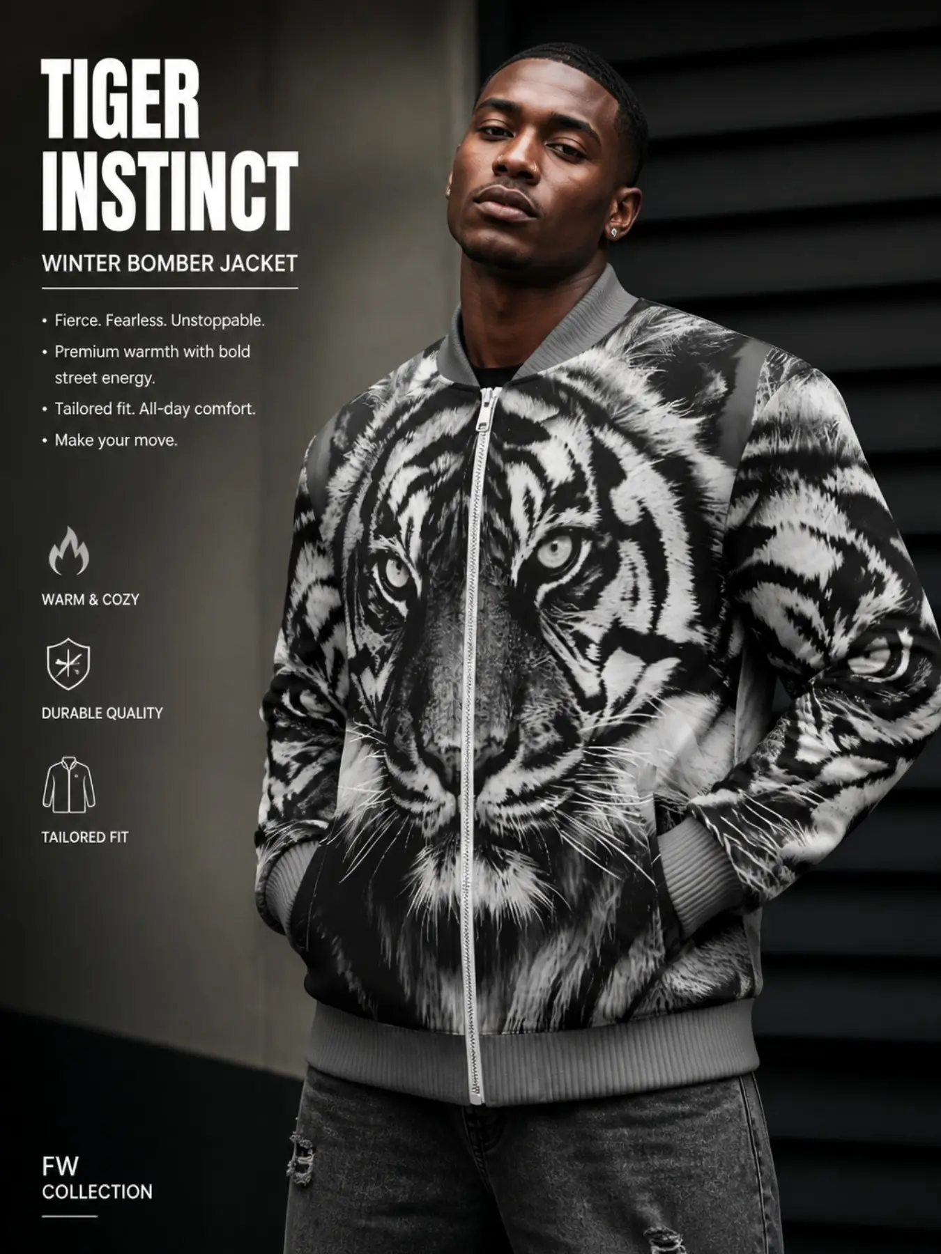 Men's Realistic Tiger Face Pattern Full Zip Bomber Jacket, Vintage Bengal Tiger Animal Print Windproof Jacket, Fall Winter Outerwear