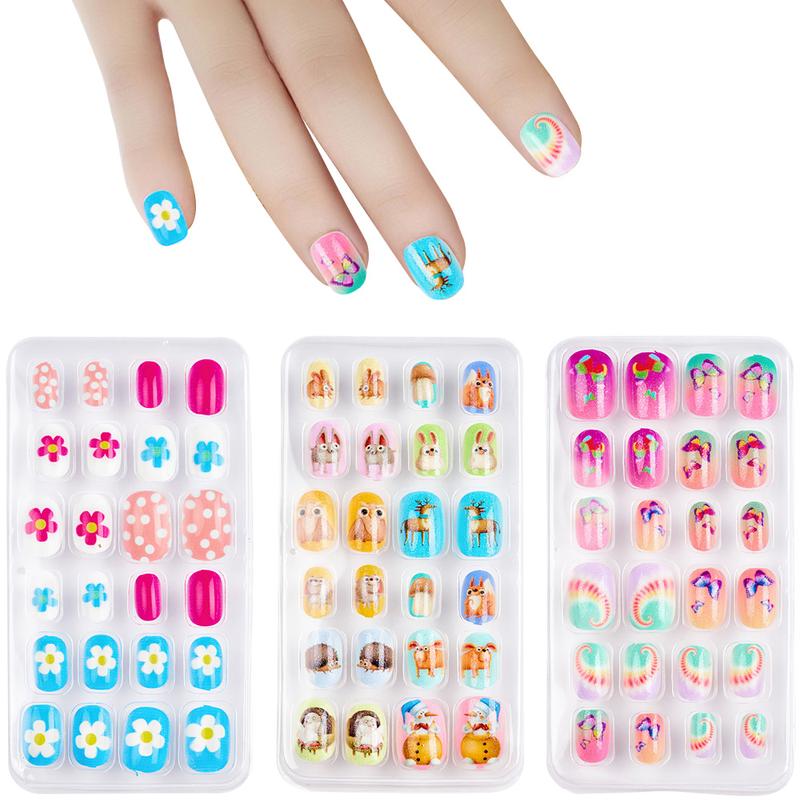 24Pcs/Box Children False Nails Kids Cartoon Girl Press on Nail Short Artificial Fake Nail Safe Full Cover Acrylic Nail Tips Kits