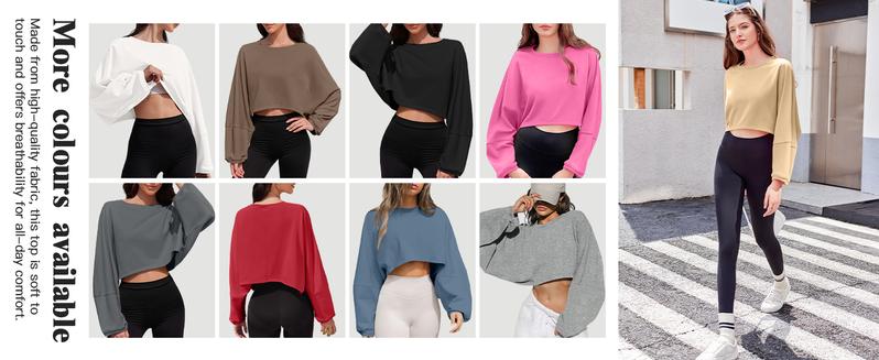 Imily Bela Womens Long Ballon Sleeve Sweatshirts Tops Cropped Crew Neck Loose Fit Casual Workout Shirts