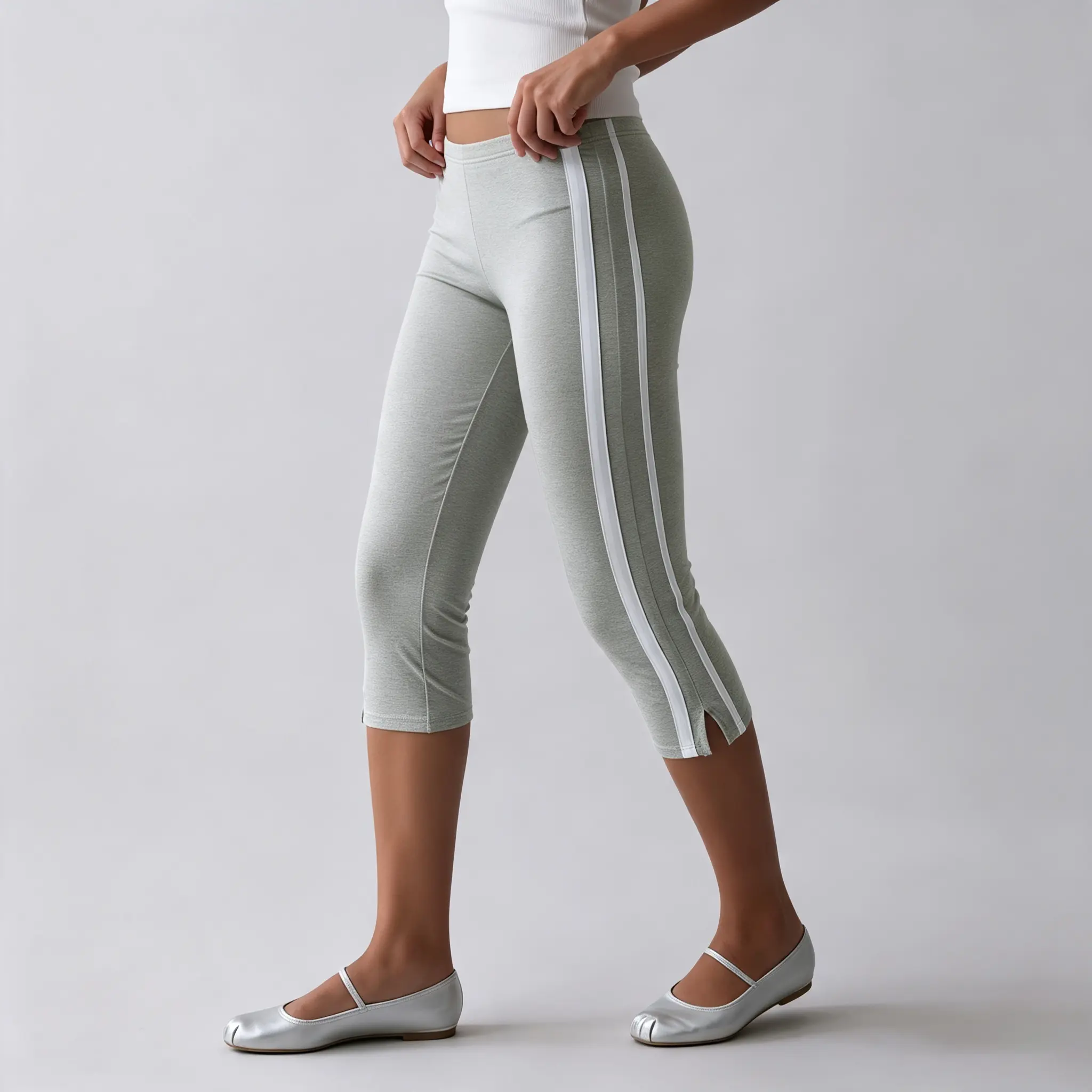 Women's Side 3 White Stripes Capri Leggings High WaistFit Split Hem Stretch Yoga Crop Pants Casual Athletic Running Cropped Trousers