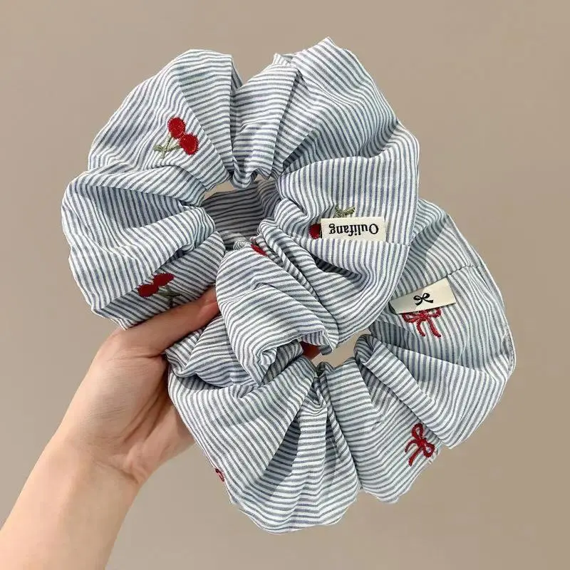 2pcs Korean Delicate Style Blue Striped Red Bow Cherry Scrunchie Hair Tie Ponytail Hair Rope Fashionable Hair Accessories