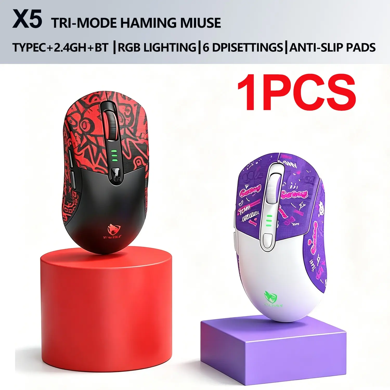 T-Wolf X5 Wireless Gaming Mouse, Gaming Accessories, Bluetooth-compatible & 2.4GHz USB Receiver, Wired Option, Rechargeable Battery, 6 Dpi Levels, 1000hz Refresh Rate, Windows Macos Android Compatible