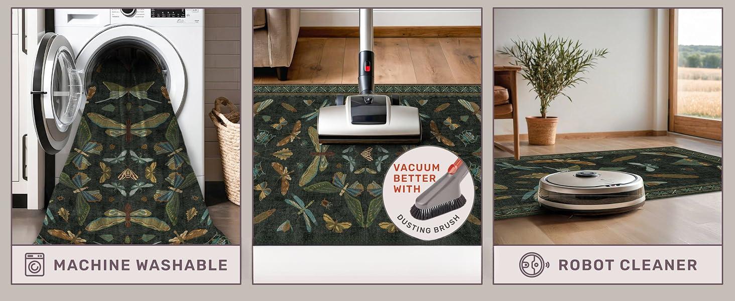 2x3 Entry Way Rugs Indoor - Dark Green Small Throw Rug for Kitchen, Bathroom, Insect Boho Design, Washable Non Slip Stain Resistant