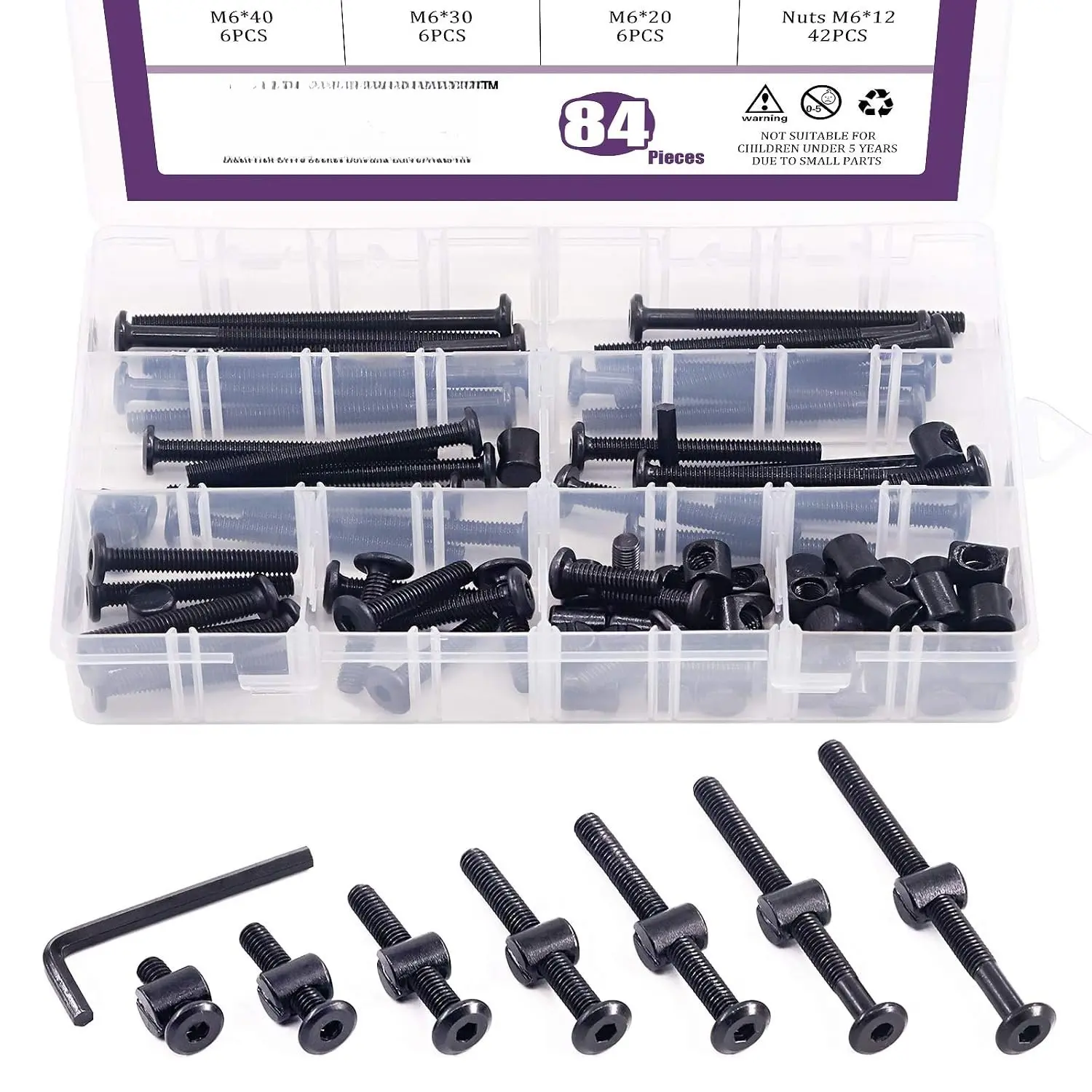 84 count Black M6 × 20/30/40/50/60/70/80mm  Hardware Screws Kit, Hex Socket  Cap   Bed Bolt and Barrel Nuts with 1 x Allen Wrench  for Furniture, Cots,  Screws