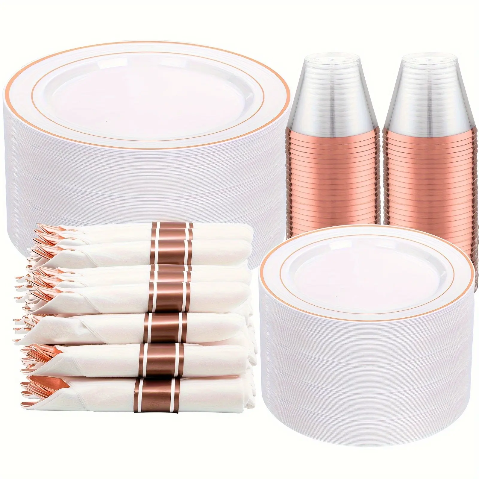 350pcs Rose Golden Plastic Disposable Dinnerware Set for 50 Guests Include 50 Dinner Plates 10.25 Inch, 50 Dessert Plates 7.5 Inch, 50 Pre Rolled Napkins, 50 Cups And 150 Plastic Rose Golden Silverware for Wedding & Holidays Halloween&Christmas