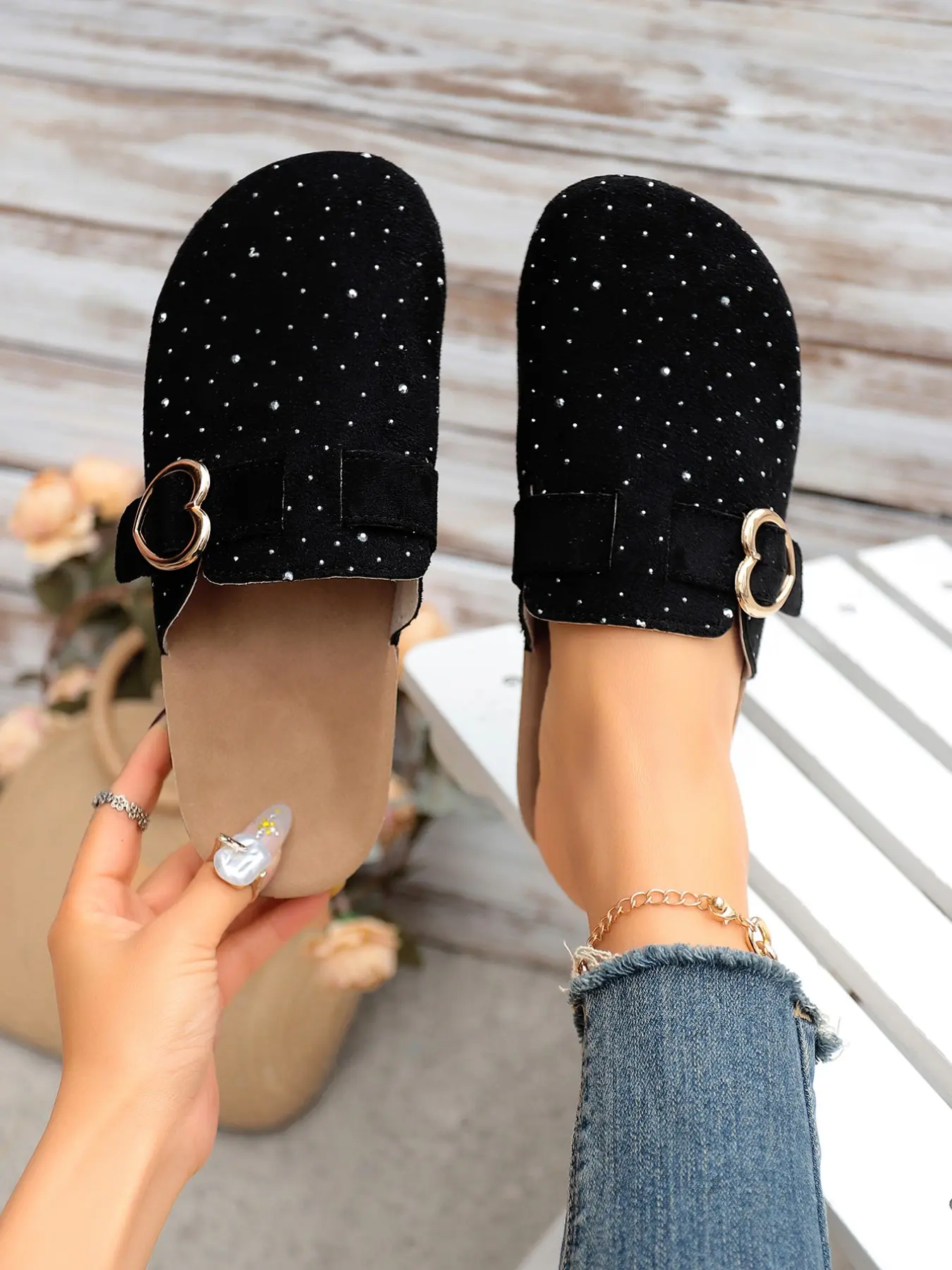 Women's Rhinestone Slip-On Mules, Cute Heart Buckle Soft Cork Insole, Sparkly Velvet Toe, All-Season Comfortable Casual Shoes