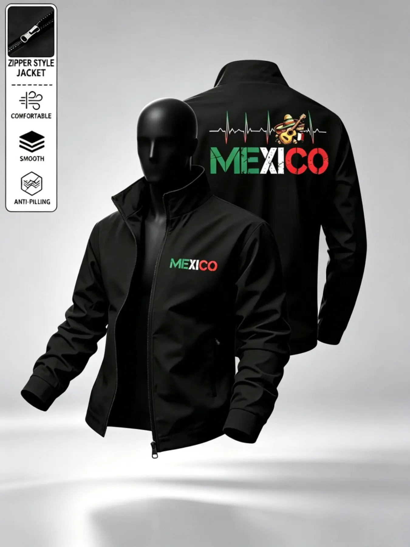 Stand Collar Zipper Jacket, Smooth Anti-Pilling, European Style Men's Daily Commute, Flag Print Casual Coat, Fashionable Jacket