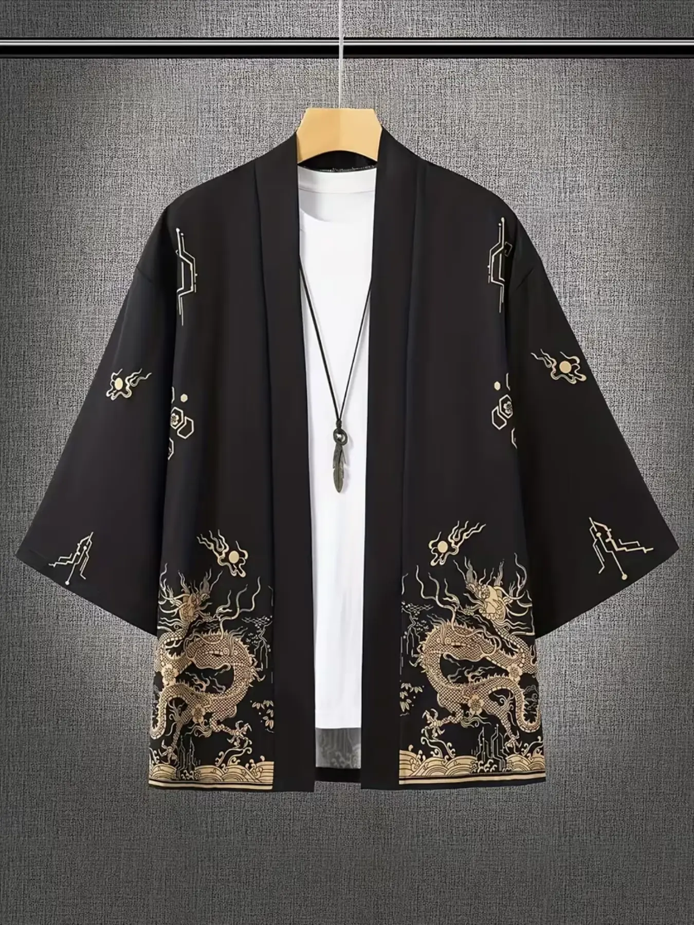 Men's Kimono Jacket with Gold Dragon Cloud Wave Print, New Traditional Japanese Style, Seven-Quarter Sleeve Open Front Coat