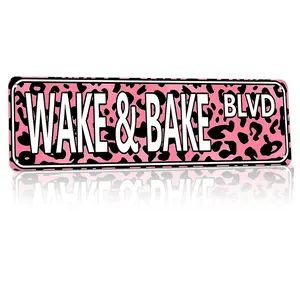 Wake & Bake Blvd, Stoner Quote, Leopard Print Sign Retro Style 16x4 Inch Flat Printed Weatherproof Rust-Proof Aluminum Metal Sign Pink Cheetah Decor Design Home Wall Art, Bold & Fun Gift For Her