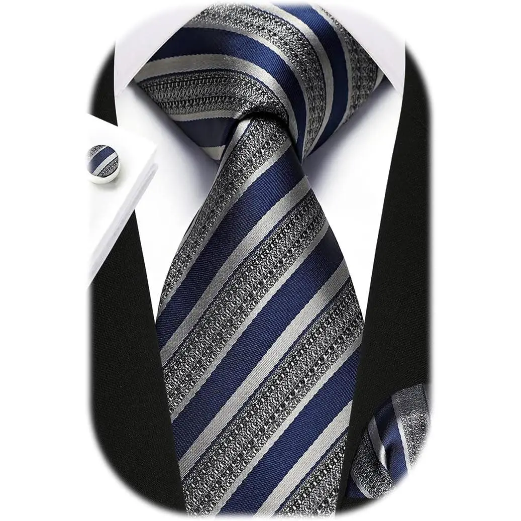 Men's Woven Fabric Full Length Necktie Set, Unisex Stripe Tie with Pocket Square & Cufflinks, Set Includes Formal Accessory for Wedding Gift Ideas