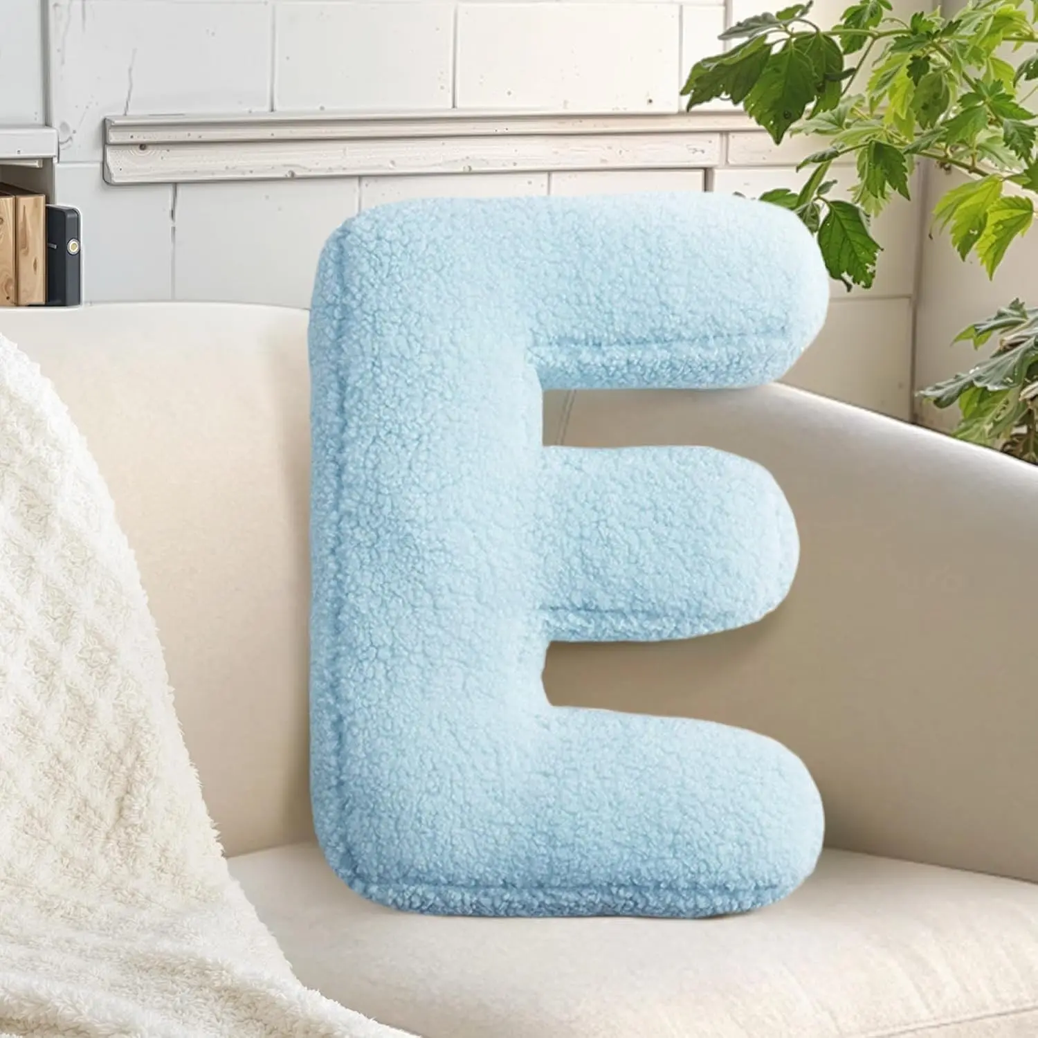 Light Blue Letter Pillow Soft Couch Decorative Alphabet Cushion Boys Girls Gifts Kids Accent Room Decor (E, 14.9" Lx11.8 W)