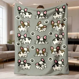 2026 New Flannel Blanket Featuring A French Bulldog Design - Soft Plush Texture With A Gray Background And Dogs In Brown, White, Pink, And Black - Perfect For All Seasons, Ideal For Office, Home, Or Travel - Machine Washable Pet Blanket
