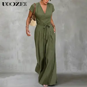 UOOZEE Women's V Neck Cap Sleeve Linen Blend Wide Leg Jumpsuit, Belted Tie High Waist Back Zip Floor Length Romper with Pockets, Size Up for Full Cups, Curvy Resort Casual Summer Wedding Guest Outfit