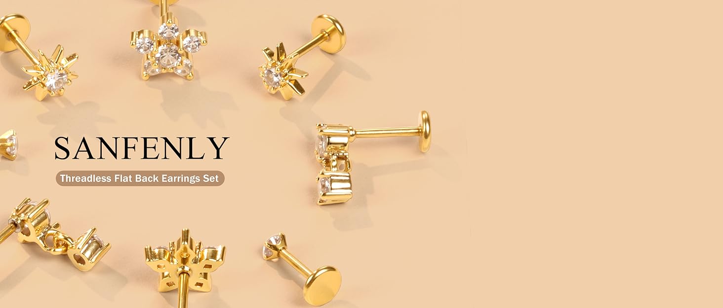 Sanfenly 9Pairs Threadless Flat Back Earrings Studs 316L Surgical Steel Push in Nose Studs Rings CZ Tragus Cartilage Helix Conch Labret Lip Nostril Medusa Piercing Jewelry Hypoallergenic 20G 18G 16G