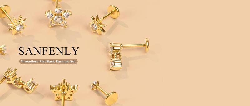 Sanfenly 9Pairs Threadless Flat Back Earrings Studs 316L Surgical Steel Push in Nose Studs Rings CZ Tragus Cartilage Helix Conch Labret Lip Nostril Medusa Piercing Jewelry Hypoallergenic 20G 18G 16G