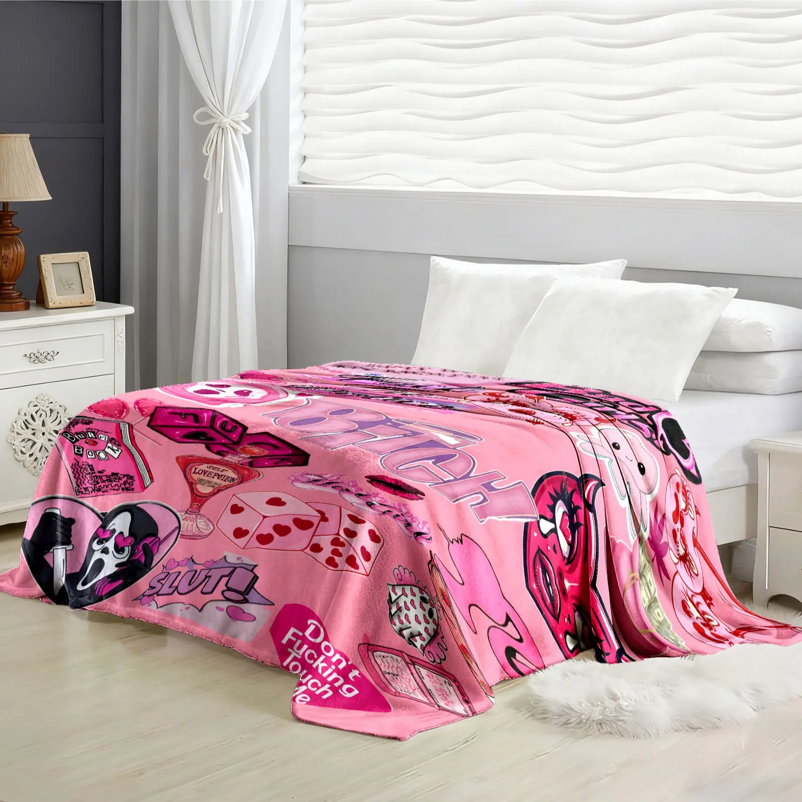 Rebel Slogan Text Blanket, Horror Ip Sweet Image, Base Digital Print Flannel, Subculture Style, Sofa Cover, Dorm Bedspread