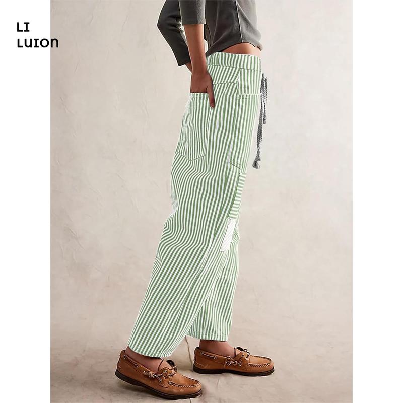 Women Striped Pants, Elastic Waist Drawstring Patchwork Wide Leg Pants Loose Trousers with Pockets