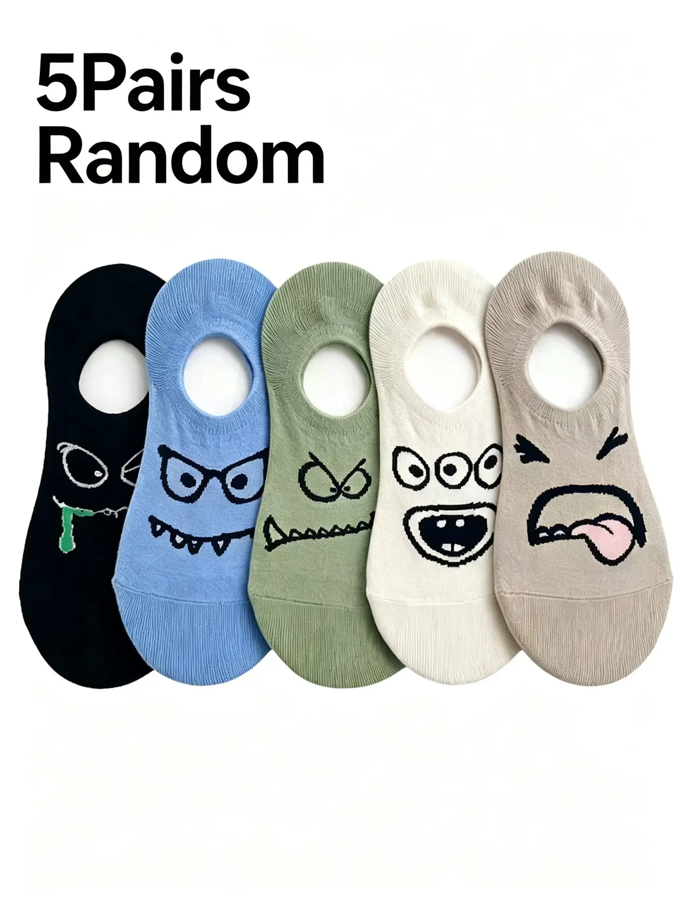 5 Pairs Random Funny Cartoon Monster Face No Show Liner Socks, Anti-Slip Silicone Invisible Low Cut Socks, Elastic Breathable Cute Novelty Hidden Socks for Men Women Daily Sneaker Outfits
