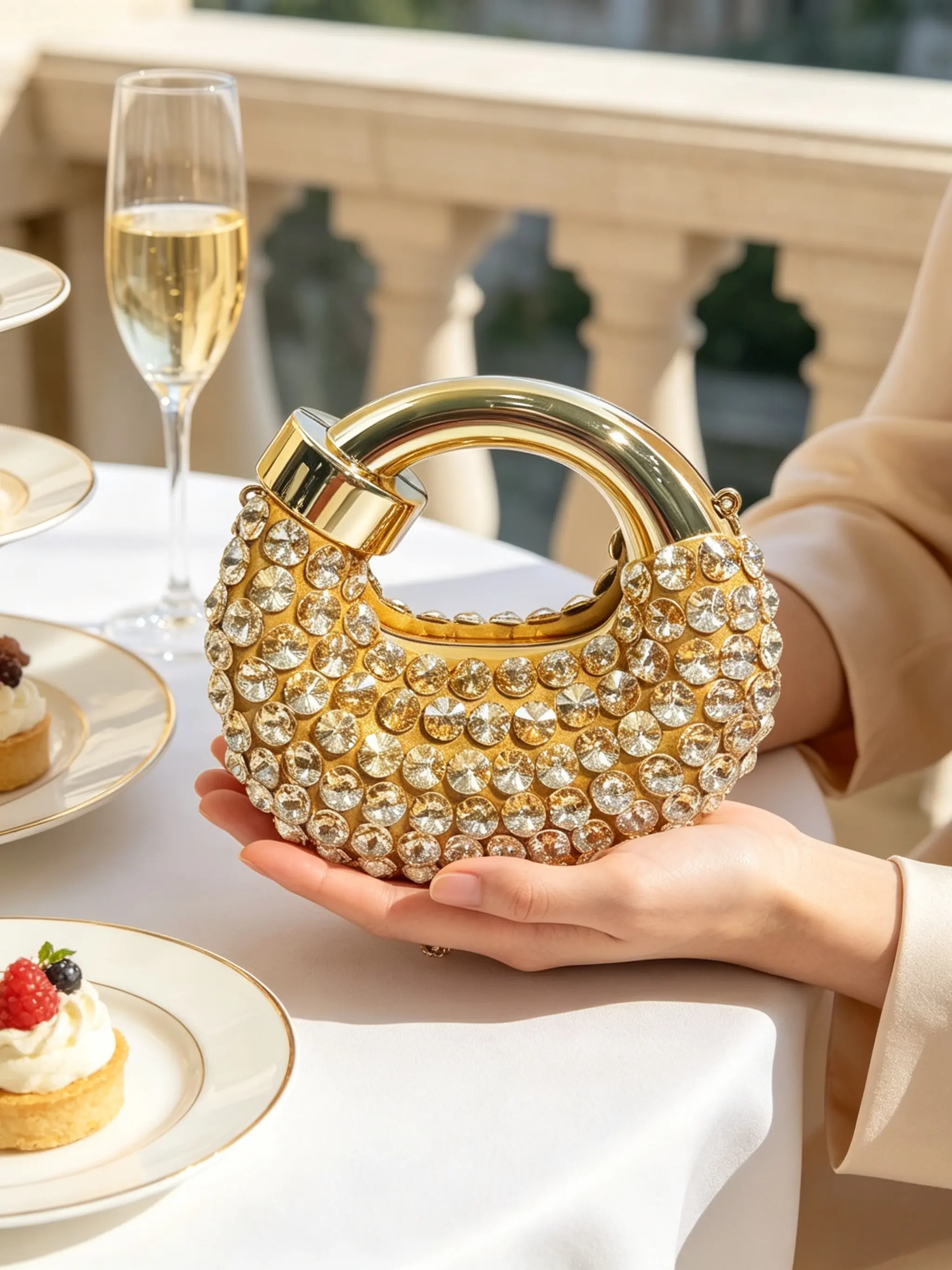 Metal Ring Handbag with Full Rhinestones, Detachable Chain Crossbody Bag, Wedding Party Fashion Clutch for Women