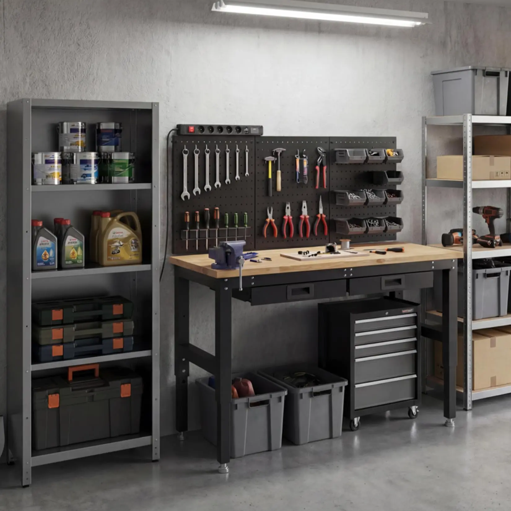 OP-Heavy-Duty Adjustable Workbench, 48 in Rubberwood Top Work Table - 5-Level Height Adjustment - 2500 lb Load Capacity