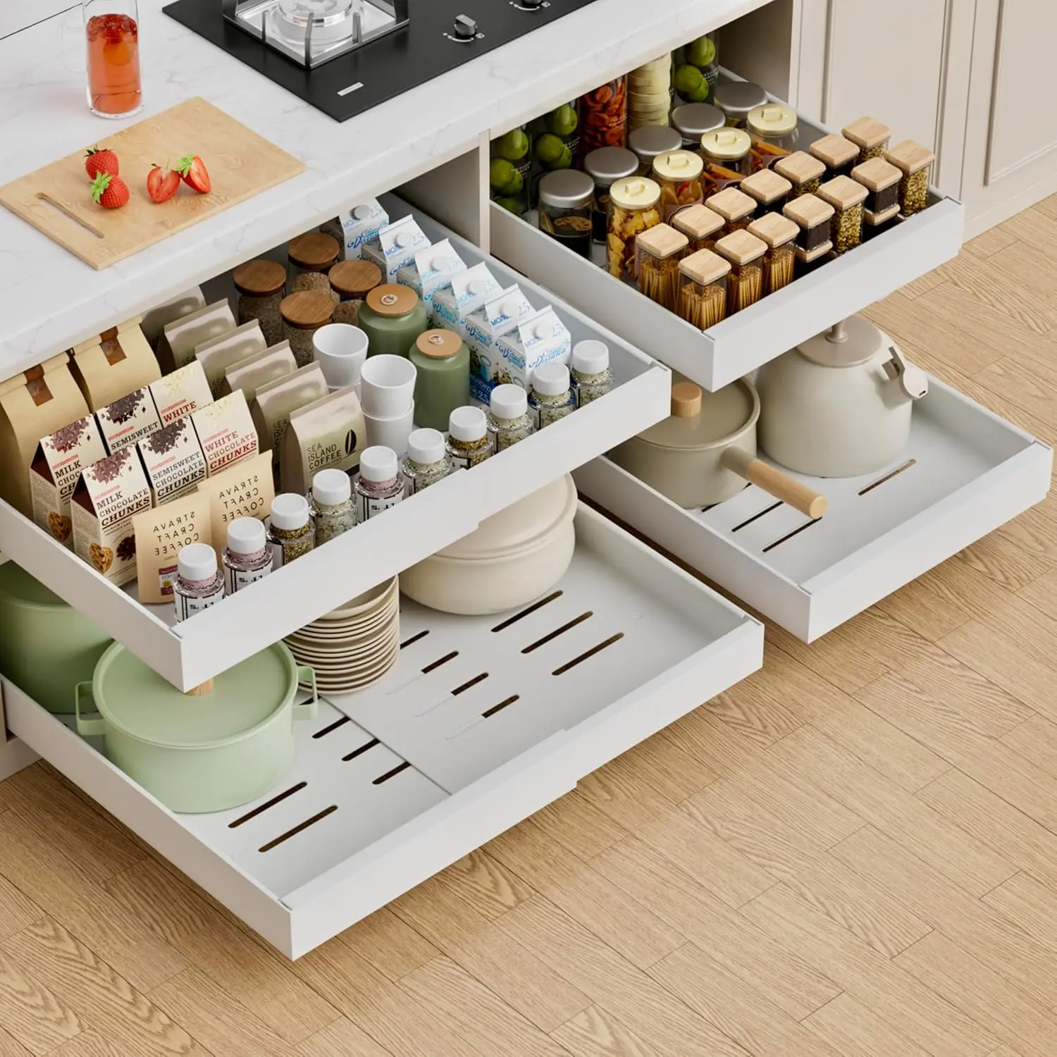 4-Pack Expandable Pull-Out Cabinet Organizer Racks, 21" Deep Sliding Drawers with Upgrade 3 Slide Rails, Adhesive Nano Film for Kitchen Storage (White)