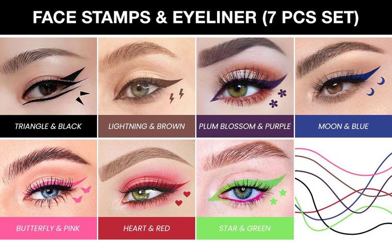 Valentines Day Gifts for Her/He  liquid Eye Liners Face Stamp Cosplay Gothic Makeup Set Kit for Beginners, Black Brown Purple Blue Red Pink Green Star Flowers Heart Moon Triangle Lightning Butterfly Stamps Eyeliner