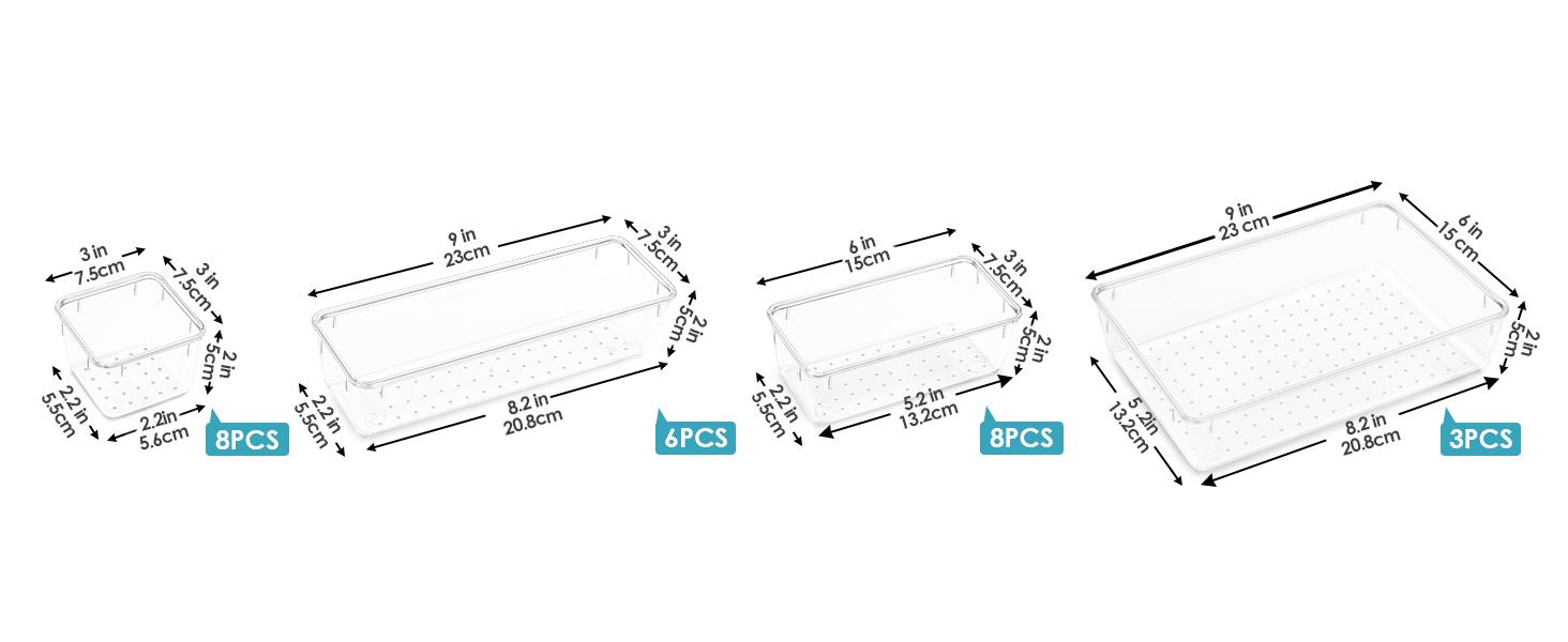 25 PCS Clear Plastic Drawer Organizers Set, 4-Size Versatile Bathroom and Vanity Drawer Organizer Trays, Storage Bins for Makeup, Bedroom, Kitchen Gadgets Utensils and Office