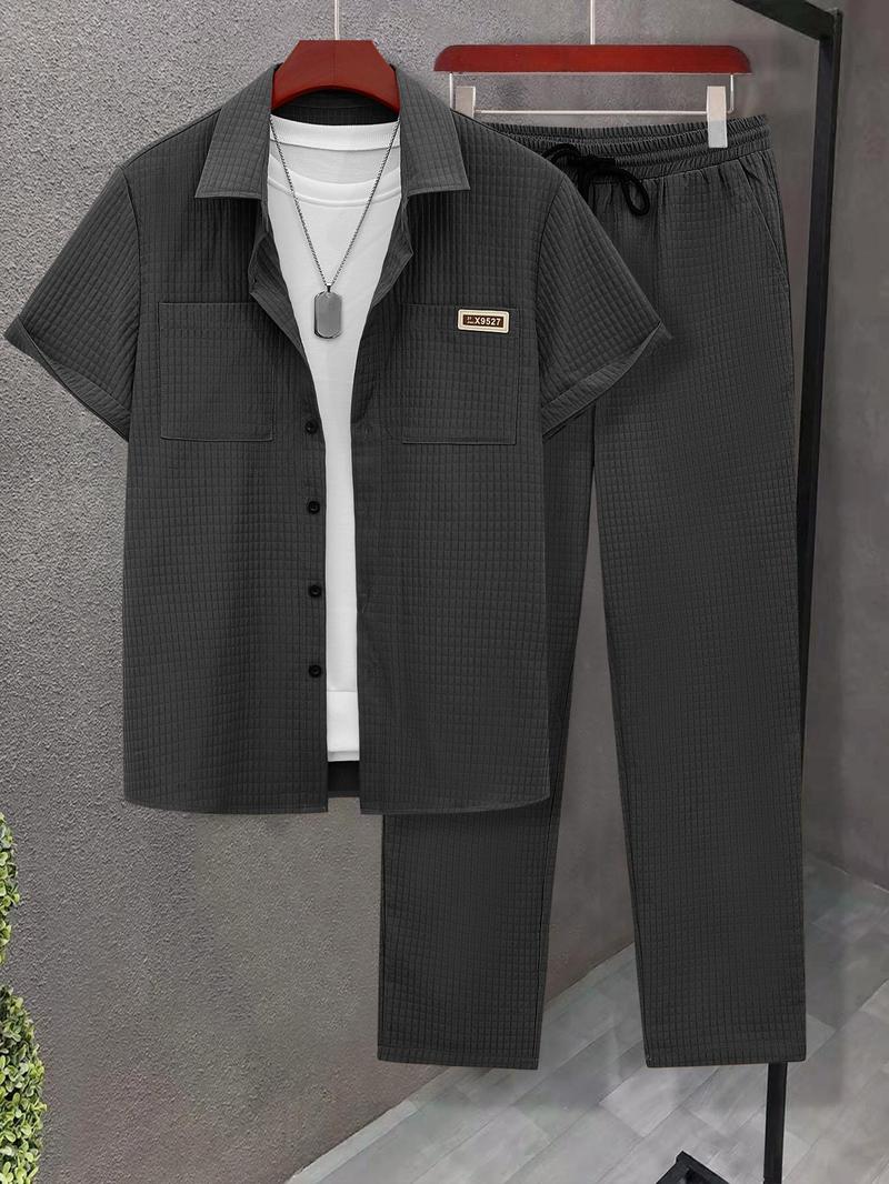 Men's Solid Button Front Shirt & Drawstring Waist Pants Set without Inner Top, Regular Fit Casual Short Sleeve Collared Top & Pocket Trousers, Men's Summer Clothes, Matching Clothing Set