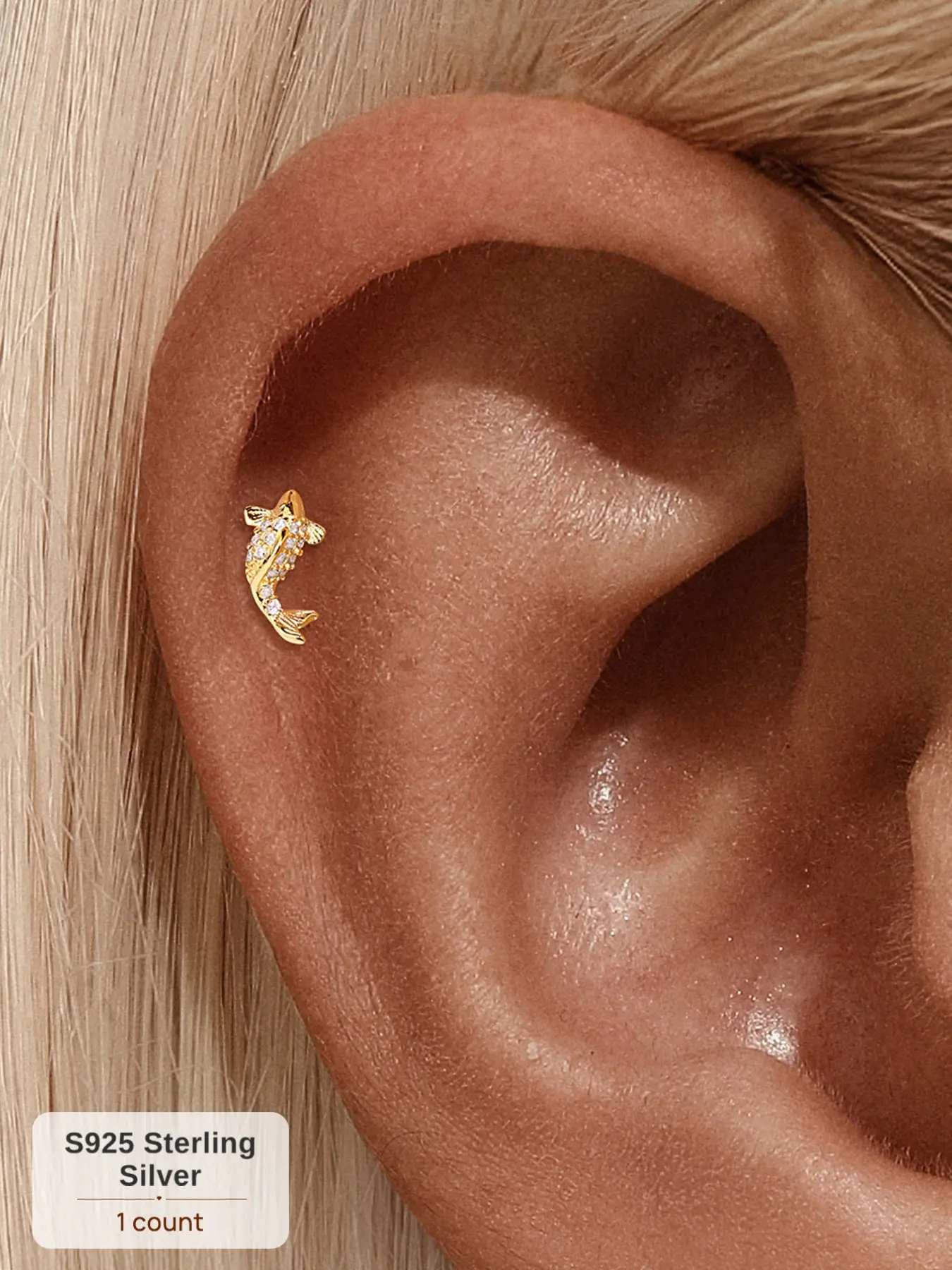 Hypoallergenic 18K Gold Plated Single S925 Sterling Silver Koi Fish Cubic Zirconia Flat Back Cartilage Piercing Earring Stud Tarnish Free Dainty Everyday Wear Jewelry For Women Girls Perfect Birthday Gift