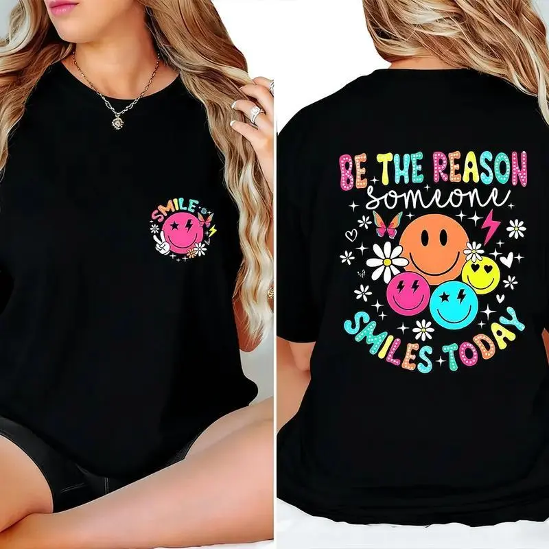 "Be The Reason Someone Smiles Today" Colorful Smile Face Oversized Cotton T-Shirt, Positive Graphic Tee, Comfort Casual Outfit, Perfect Gift For Positivity Lovers & Happy Vibes, Ideal Everyday Outfit