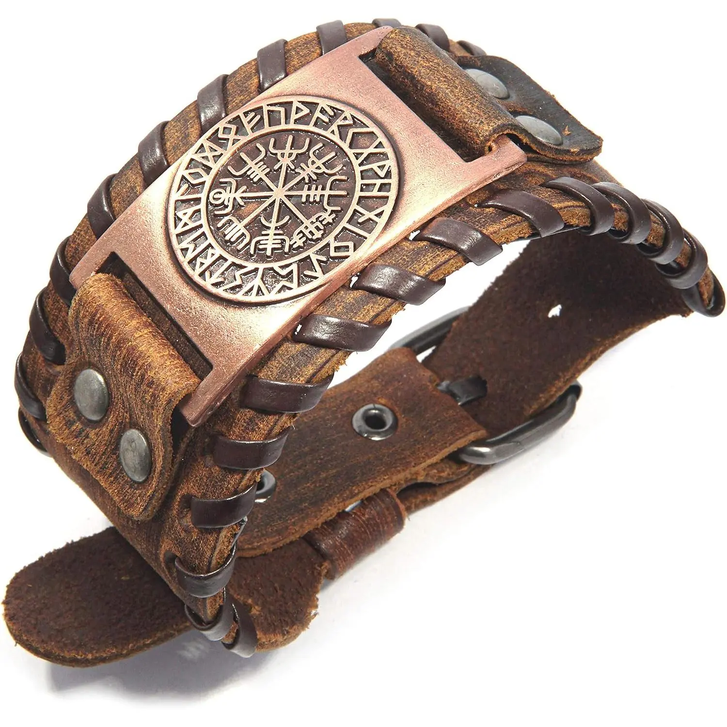 Norse  Compass Vegvisir   Tree of Life Yggdrasil Valknut Brown Leather Bracelet  Cuff Bangle