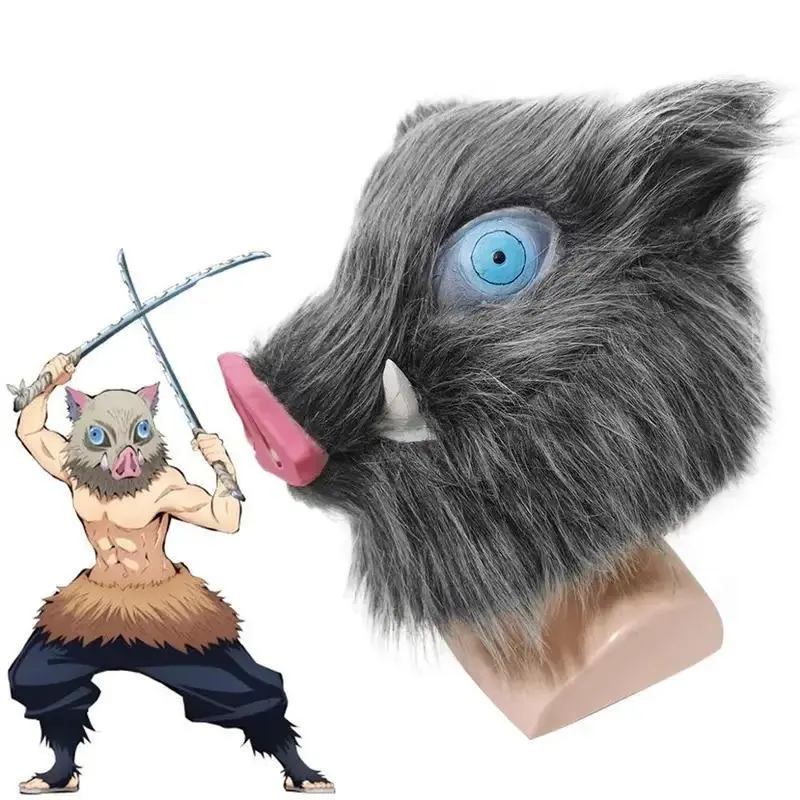 Kimetsu No Yaiba Hashibira Inosuke Pig Mask Helmet, Cosplay Hood Hair Headwear Accessories, Halloween Carnival Costume Prop (Home Decor Statue & Figurine Prop)