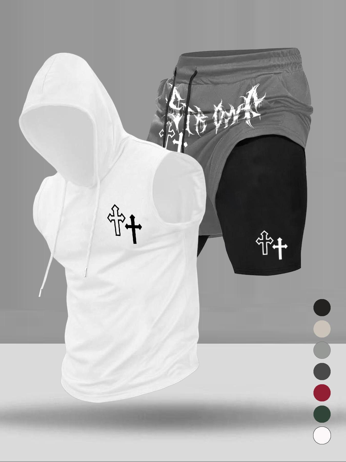 Men's Graphic Print Two-Piece Set, Stylish Hooded Sleeveless Vest and Drawstring Pocket Shorts, Summer Casual Wear for Sports and Daily Use