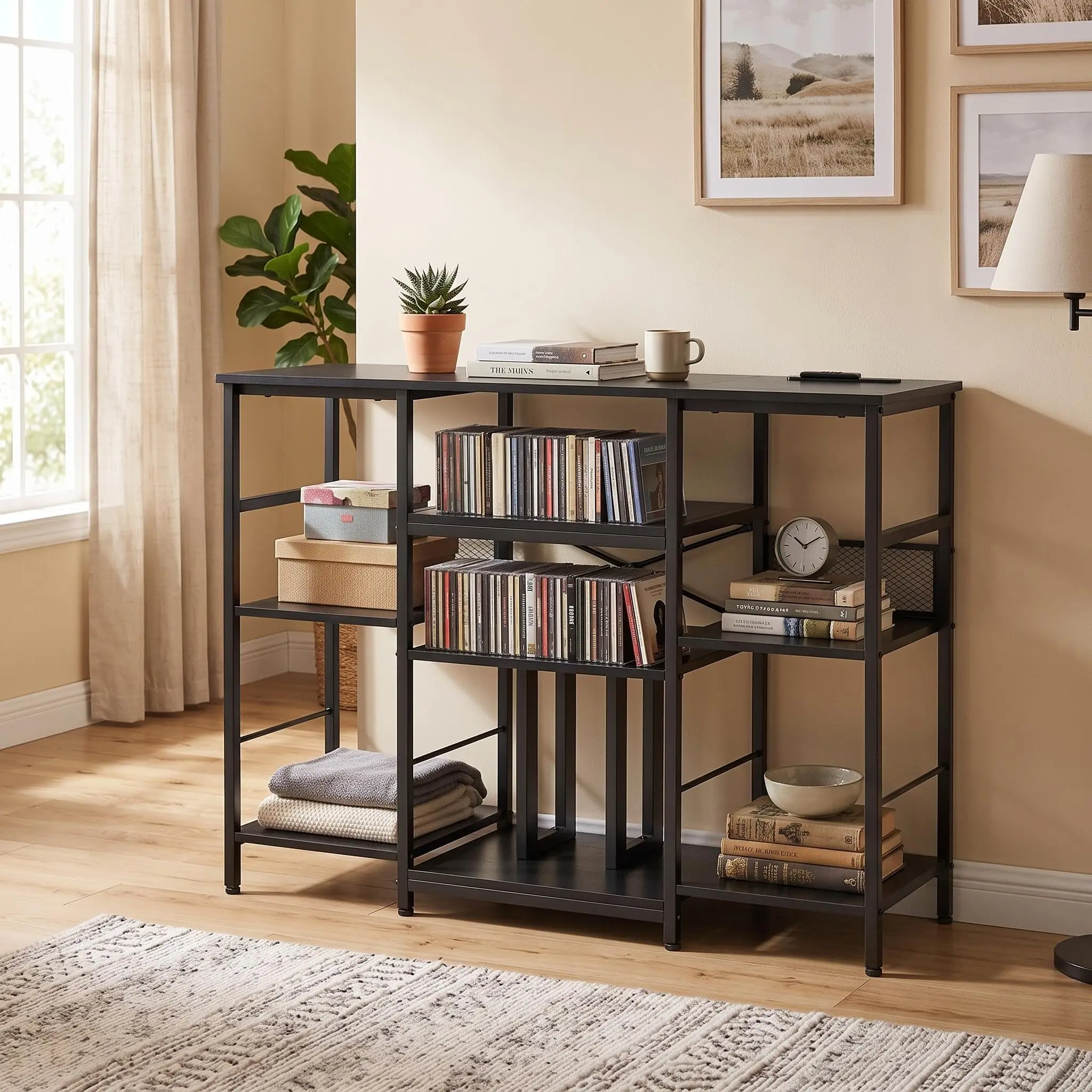 3-Tier Large Wooden CD Storage Shelf – Vertical Organizer for CDs, DVDs, Vinyl Records, Books, Games – Sturdy Media Display Rack