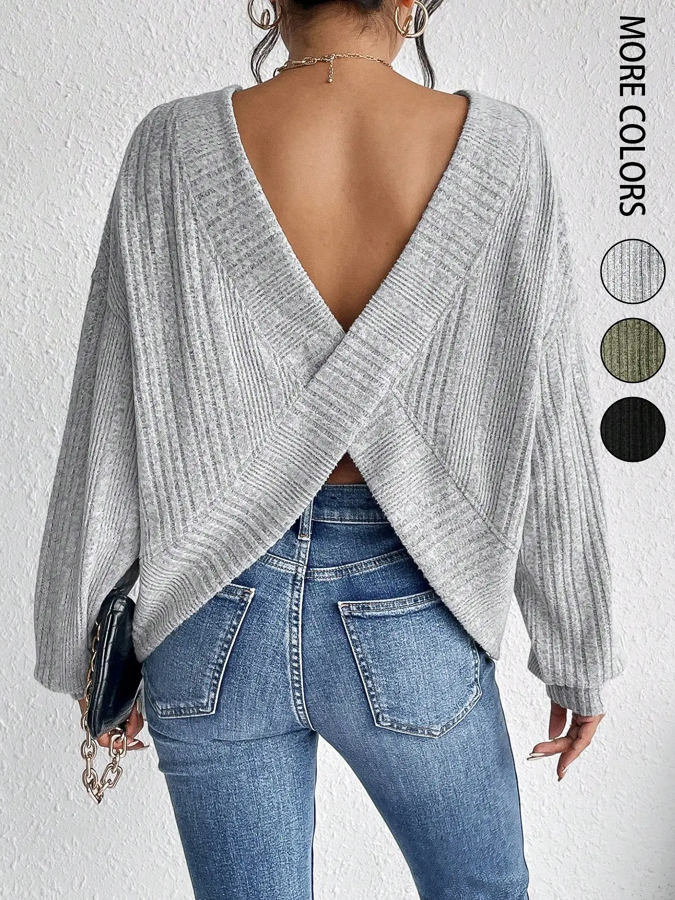 【Black Friday】Women's Casual Solid Color Knit Ribbed Cross Wrap Backless Loose Fit Drop Shoulder Long Sleeve Top, Cozy Breathable Knitwear for Daily Wear, Spring & Fall