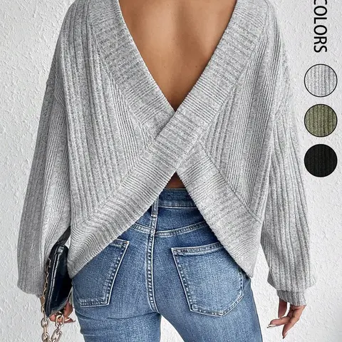 Women's Casual Solid Color Knit Ribbed Cross Wrap BacklessLoose Fit Drop Shoulder Long Sleeve T-Shirt Top, Cozy Casual Top, Comfortable and Stylish, Perfect for Daily Wear, Ideal for Spring and Fall