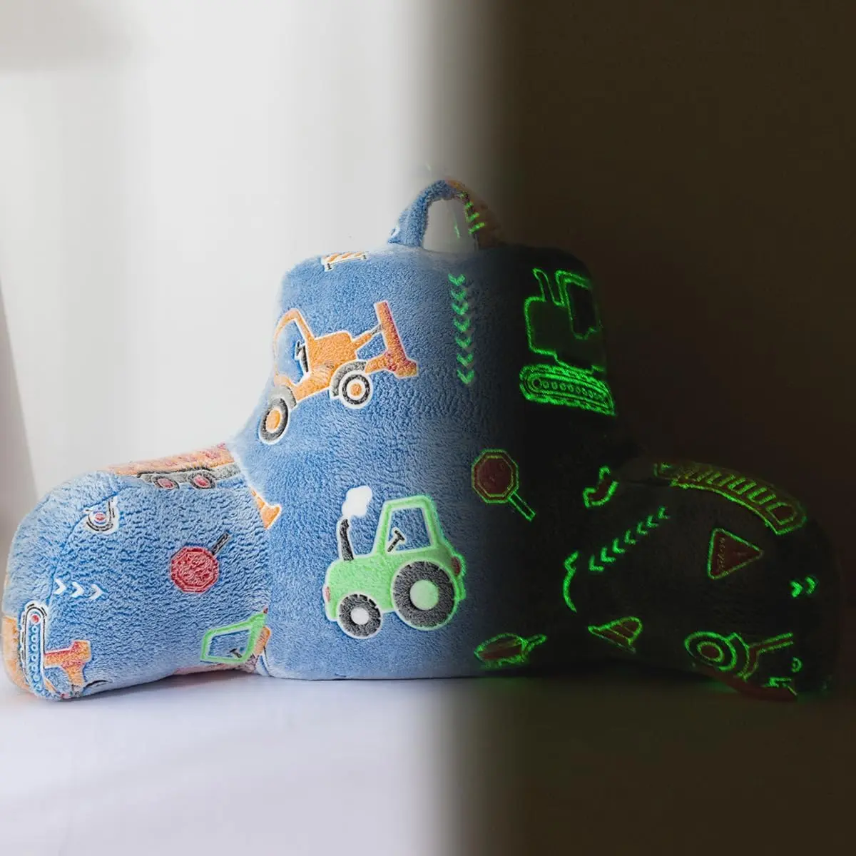 Boys Glow in The Dark Construction  Reading Pillow |  Teen Backrest Pillow with Excavator, Tractor & Crane Print,  Luminous Flannel Bed Rest  Cushion for