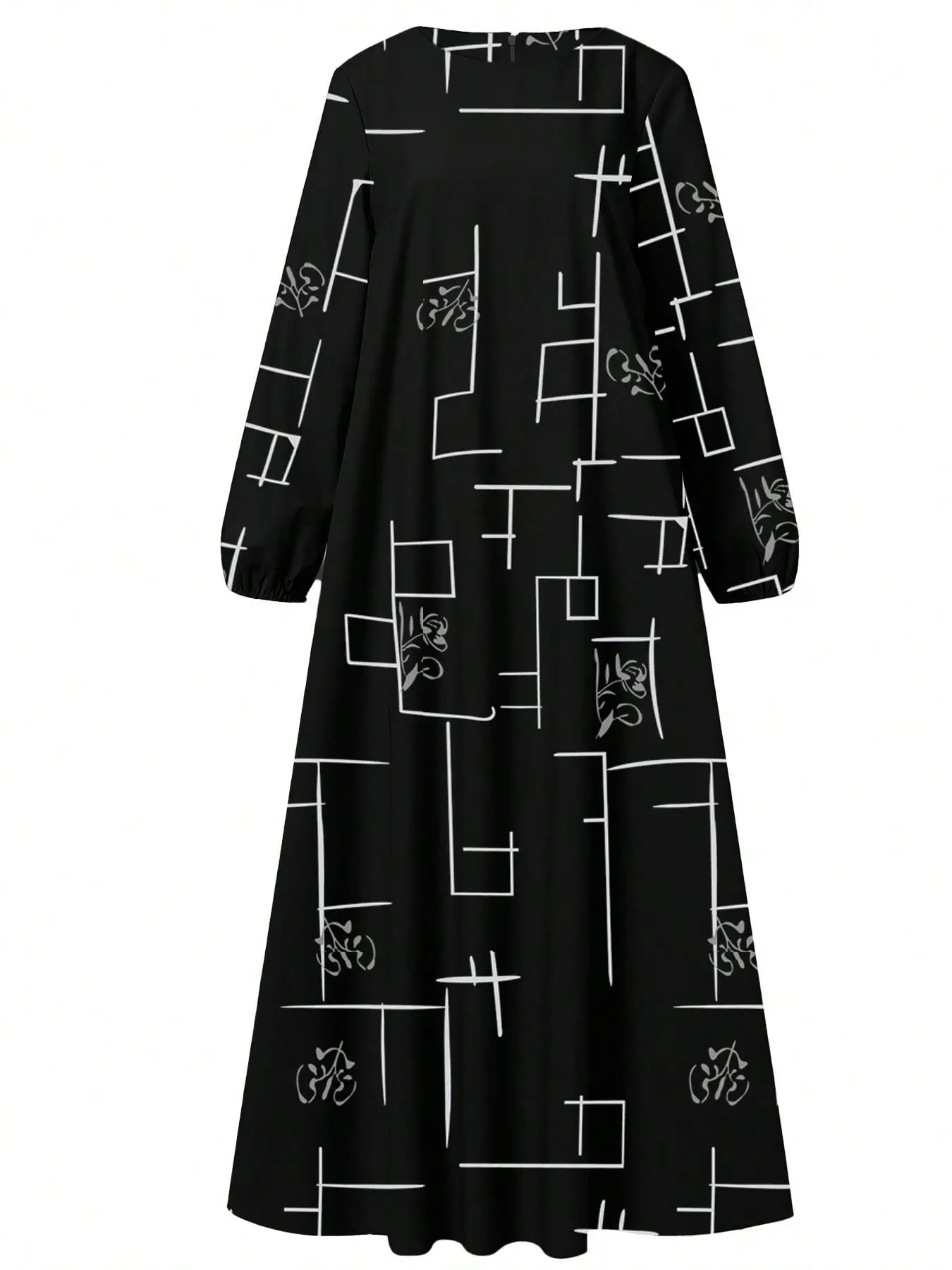 Modern Geometric Line Chinese Calligraphy Print Muslim Abaya Maxi Dress, Elastic Cuff Long Sleeve Loose Straight Gown, Modest Outfit For Women Daily Casual Travel Wear