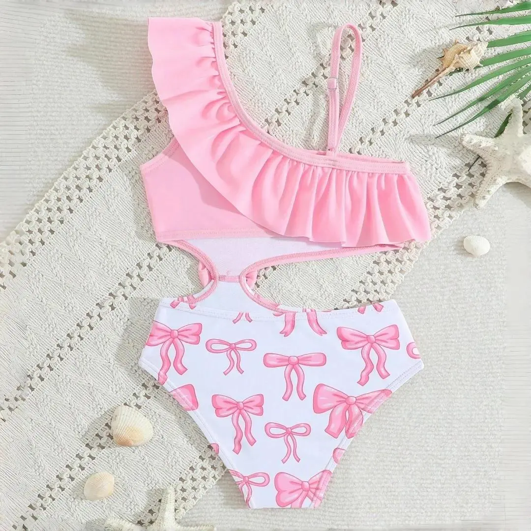 2026 Girls' Swimsuit Teenage Girls' One-Piece Swimwear Hot Spring Summer Outfits One-Shoulder Bathing Suit 7-16Y Beachwear ﻿