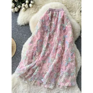 [Weddings, Parties] YYTT Women's Elegant A-Line Maxi Skirt with 3 Floral Patchwork & Mesh Paneling - Colorblock Hem, Machine Washable Suitable for Weddings, Parties, Casual Attire - Spring Summer New Arrival Long Skirt