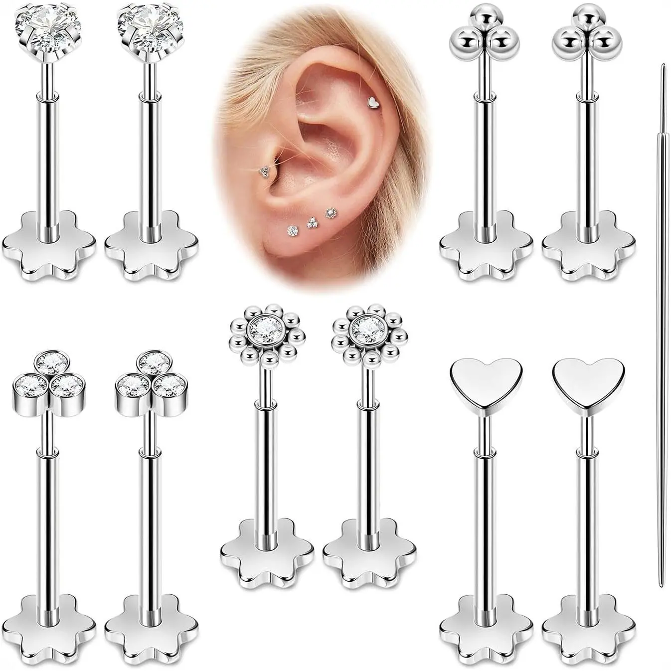 5Pairs 18G 20G Threadless Earring for Women 316L Stainless Steel Push in Earrings CZ Flower Flat  Stud Earrings Cartilage Helix Tragus Lobe Stud Labret Monroe Threadless Nose Studs