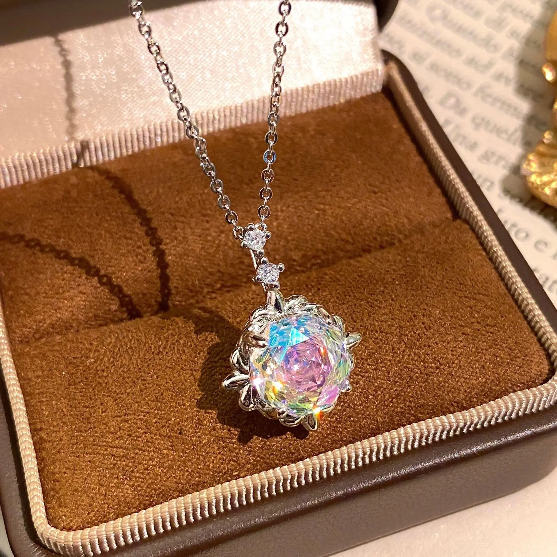 Elegant Aurora Rainbow Crystal Pendant Necklace Silver Plated Sparkly Round Cut Opal Halo Necklaces Fairycore Cute Charm Fine Jewelry Birthday Christmas Valentine Gifts for Women Teen Girls
