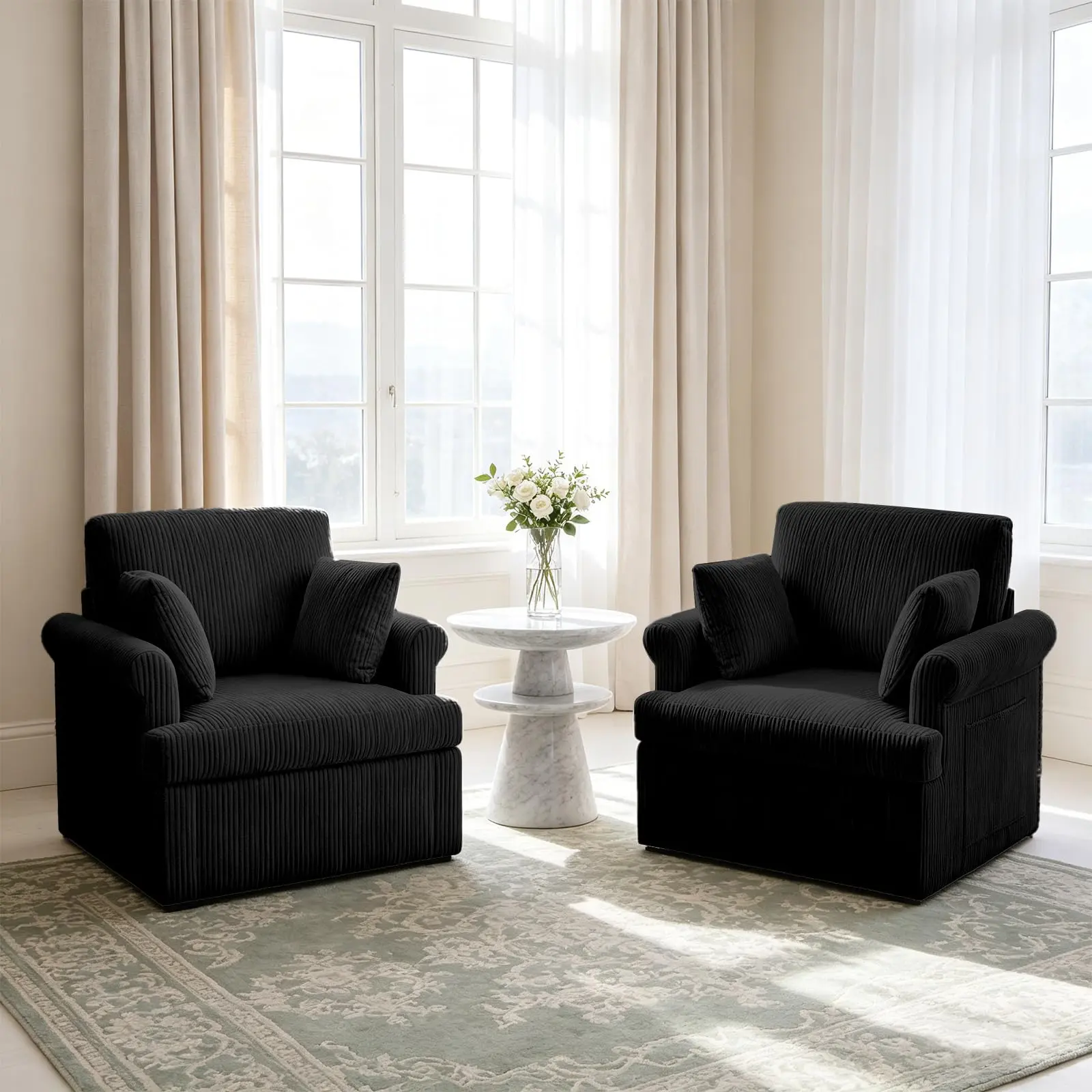 2 Pcs 39" Modern 360° Swivel Corduroy Accent Chair with 2 Pillows – Upholstered Round Armchair Single Sofa for Living Room, Bedroom, Office, Reading