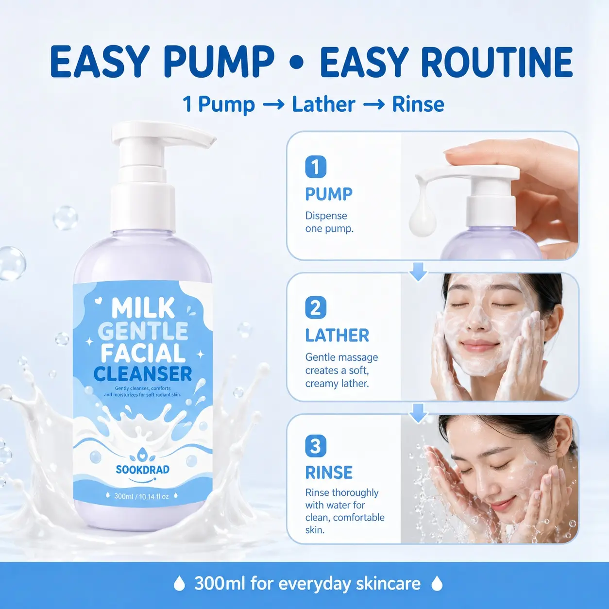 Milk Gentle Facial Cleanser, milk, gently cleanse, comfort, moisturize, facial, soft radiant skin, 300ml/10.14 fl oz