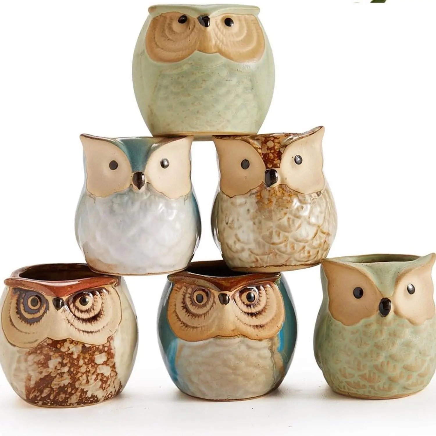 Handmade Owl Ceramic Vase Set, 6-Piece with Bamboo Tray, Ideal for Succulent Planting, Home Office Garden Decor, Gift for Mom Sister Aunt