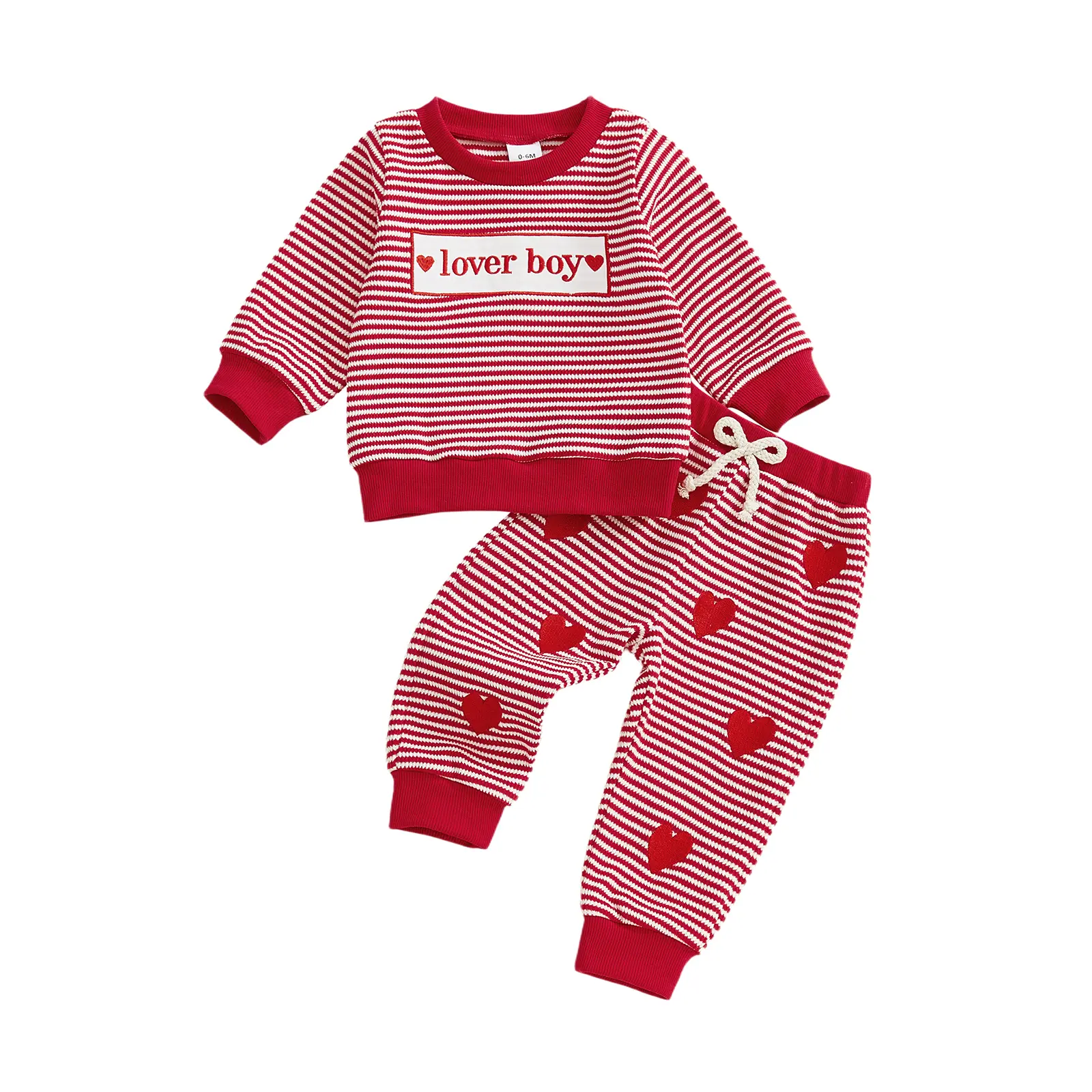 Valentine's Day Baby Boy Outfit Lover Boy Embroidery Long Sleeve Knit Sweatshirt Striped Heart Pants Toddler Set