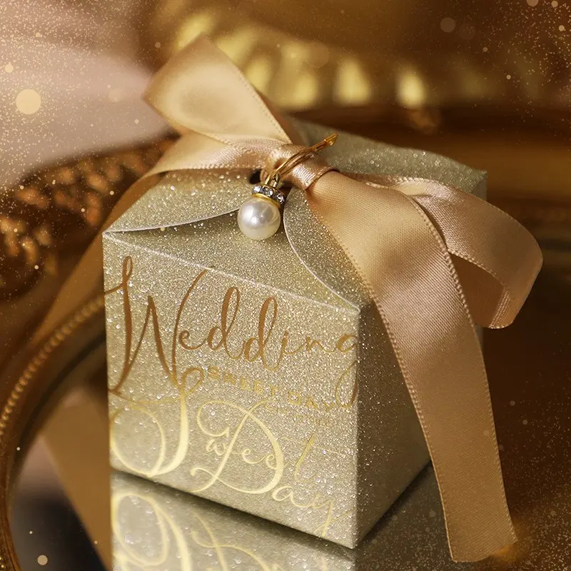 25pc Luxury Champagne Glitter Candy Boxes, Gold Foil English Craft, Satin Bow & Pearl Rhinestone Charms, Perfect for Weddings, Birthdays, Holidays