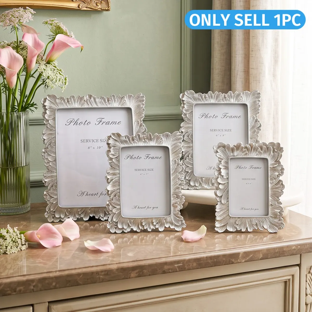 Elegant Silver Color Resin Frame, Wall-Mounted & Desktop Decor, Hand-Painted Floral Design, Perfect for Home Decoration, Wedding Souvenir, Photo Prop