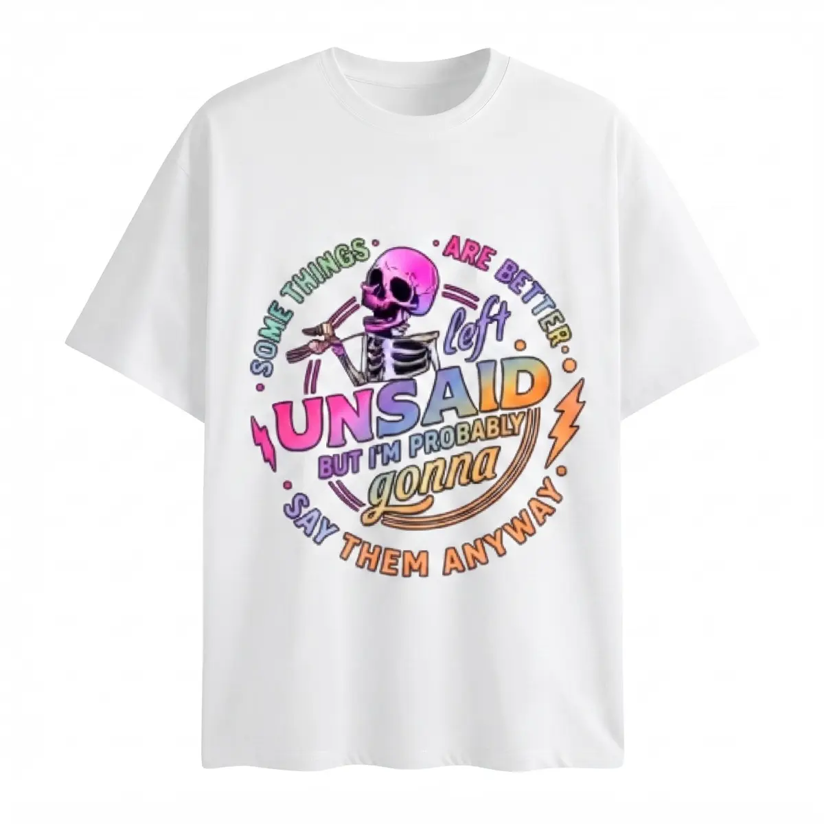 Polyester Round Neck Shortsleeve Casual Tee - Solid Color Rainbow Skull with Venomous Tongue "Some Things Are Best Left Unsaid" Quote, Sporty Chic Sports Top for Trendy Street Style